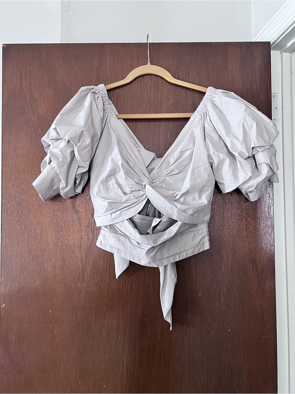 Puff-Sleeve Wrap Crop Top in Tan